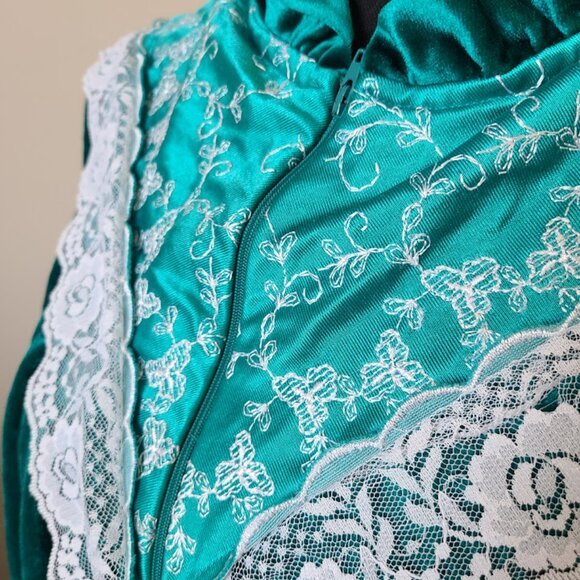 Vintage Tara New York Deep Emerald Teal Velour Nightgown Lace Ruffle Collar Made - Picture 5 of 9